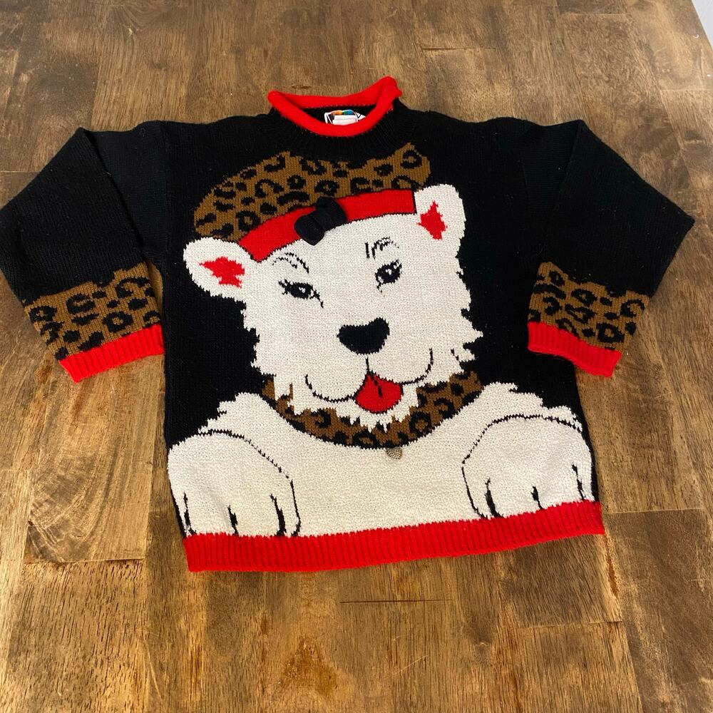 VTG Jet Set black white dog cheetah‎ knit girls pullover sweater SIZE 7/8